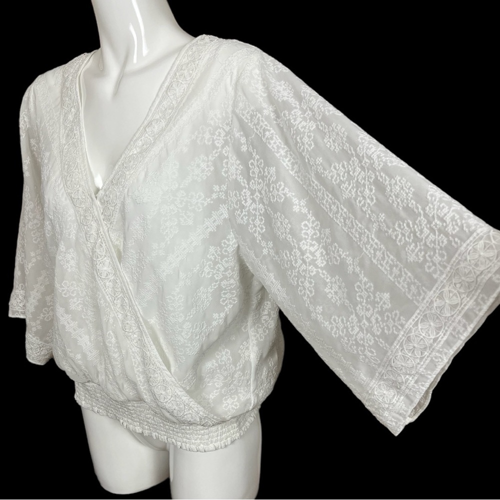 WHBM White Embroidered Kimono Sleeve Smocked Waist Surplice Blouse Size Large - Picture 5 of 15